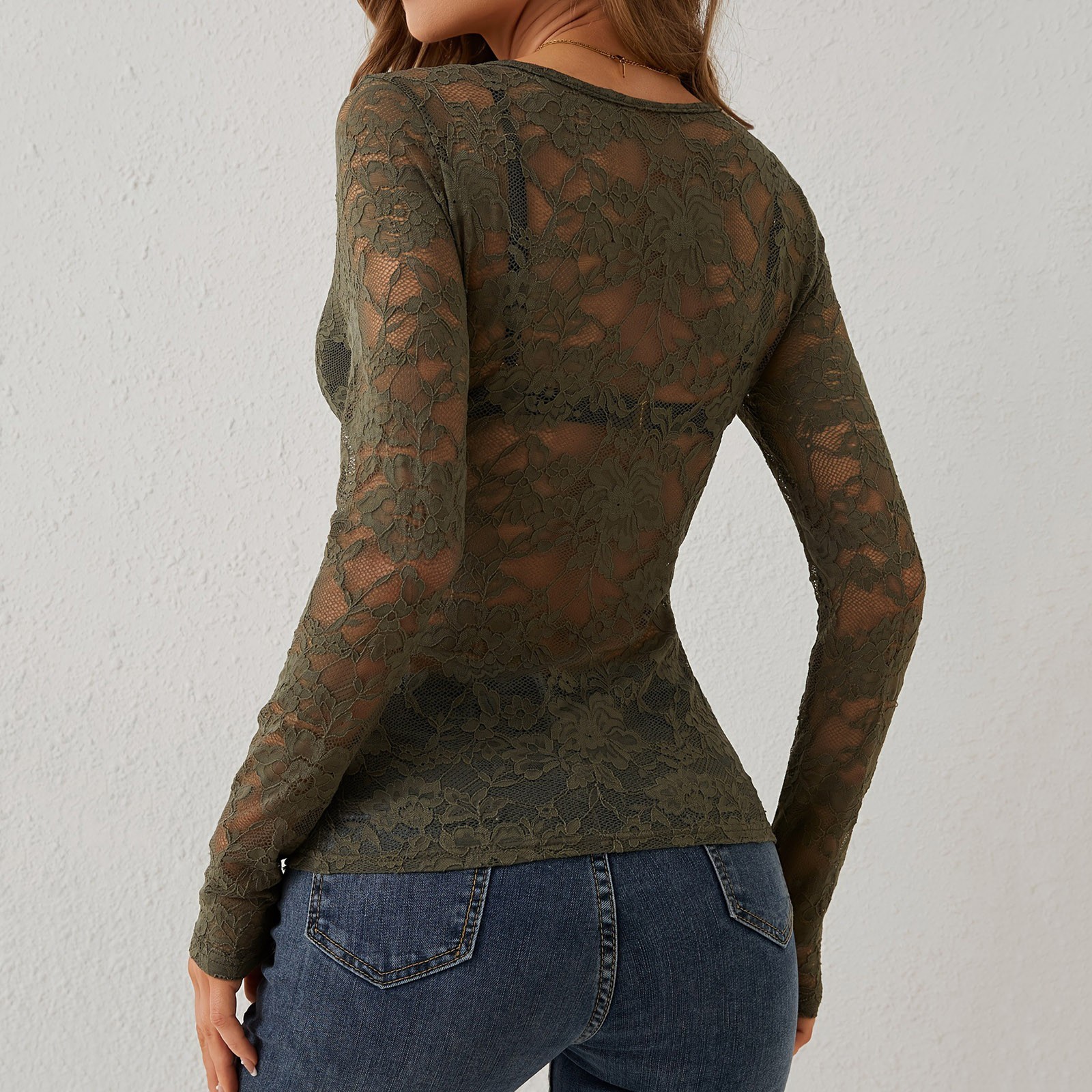 thumbnail image 3 of Top de malla transparente para mujer, manga larga, cuello alto con encaje floral, blusa transparente - Camisa ligera con capas, color negro, 3 of 6